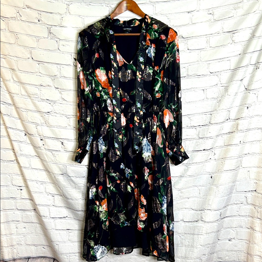 Club Monaco Black Floral Metallic Accent Long Sleeve High-Low Dress Size 6